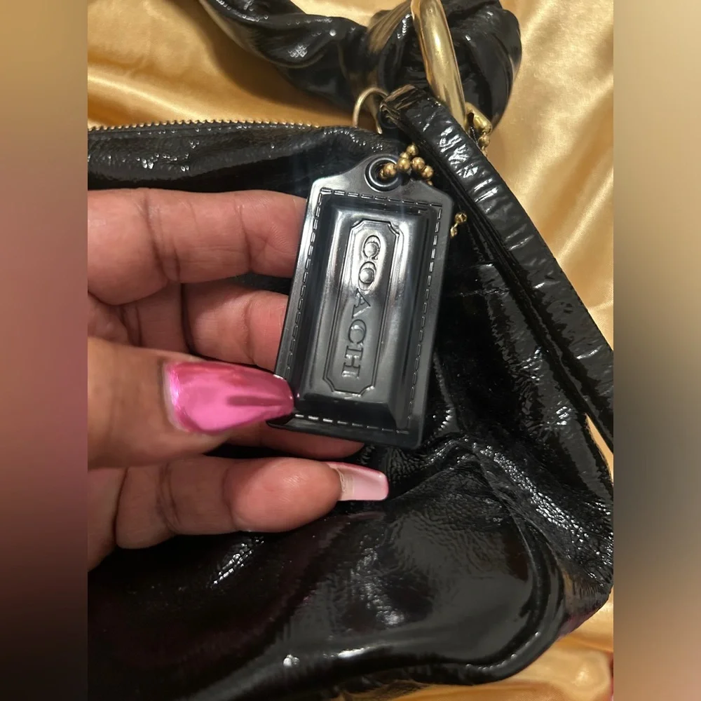 Coach Black Patent Leather Hobo Tie Bag Brass Vintage - Picture 3 of 7